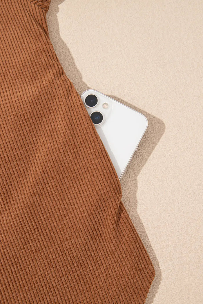 Cinnamon Corduroy Flap Pocket Button Up Round Hem Shacket - Outerwear/Jackets