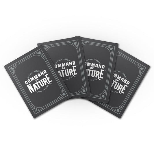 Four black cards with the text "COMMAND OF NATURE" are arranged in a fanned-out manner on a white background, perfectly showcasing what could be ideally protected by Unstable Games' Command of Nature: Card Sleeves for gamers.