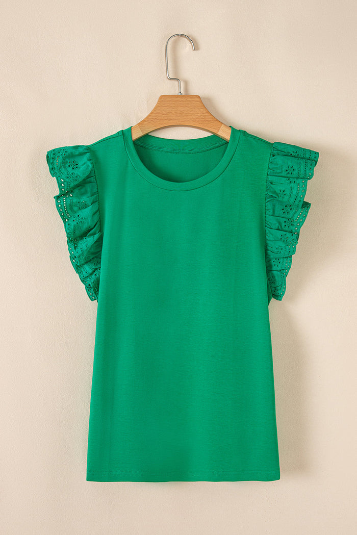 Dark Green Embroidered Ruffled Sleeve Slim Fit Crew Neck Top - Tops/Tops & Tees