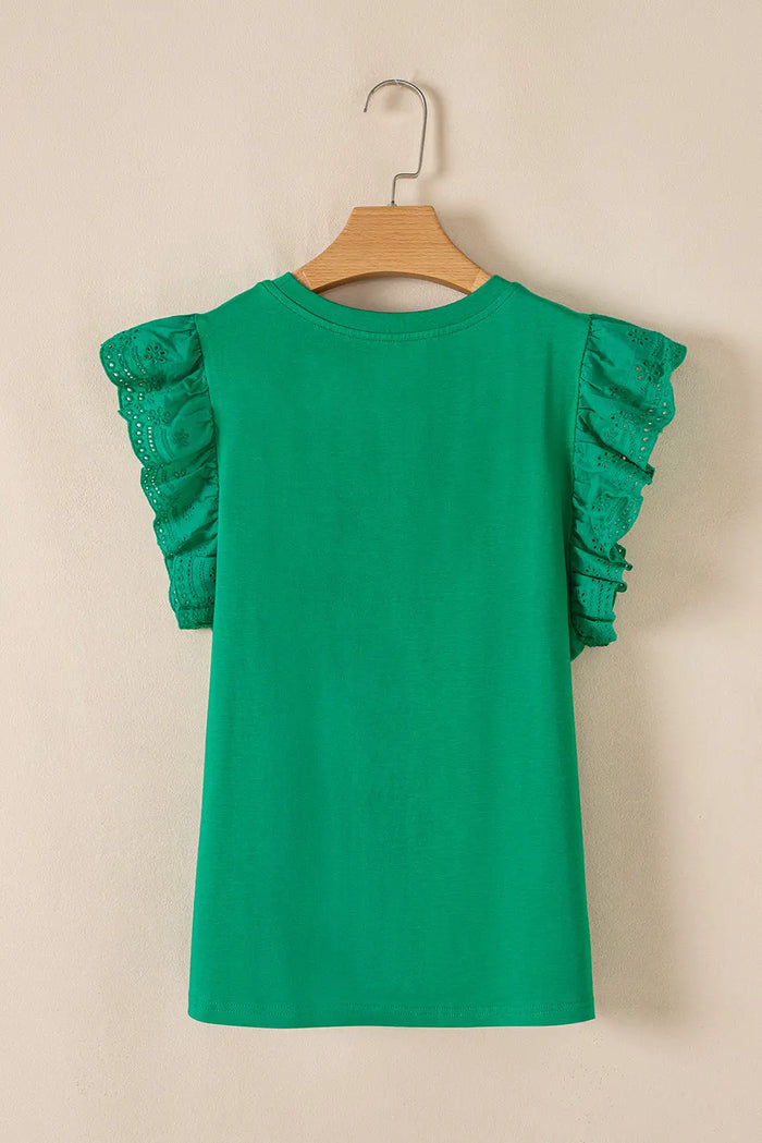 Dark Green Embroidered Ruffled Sleeve Slim Fit Crew Neck Top - Tops/Tops & Tees