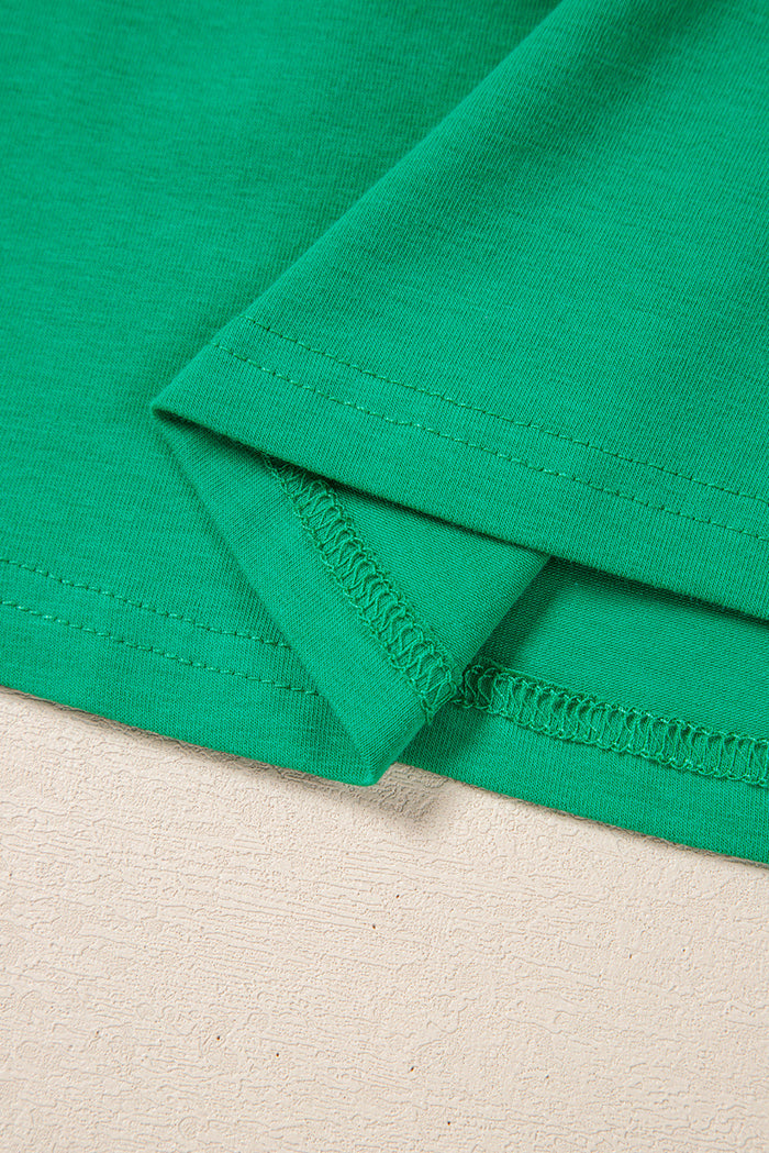 Dark Green Embroidered Ruffled Sleeve Slim Fit Crew Neck Top - Tops/Tops & Tees