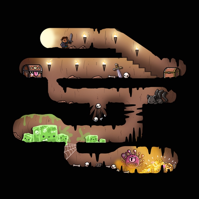 Premium Cotton T-shirt_TeeTurtle black Dungeon Pathway Premium Cotton T-shirt featuring a side-scroller inspired dungeon path with a hero, chest, mimic, gelatinous cube and other threats blocking the path to the treasure at the end