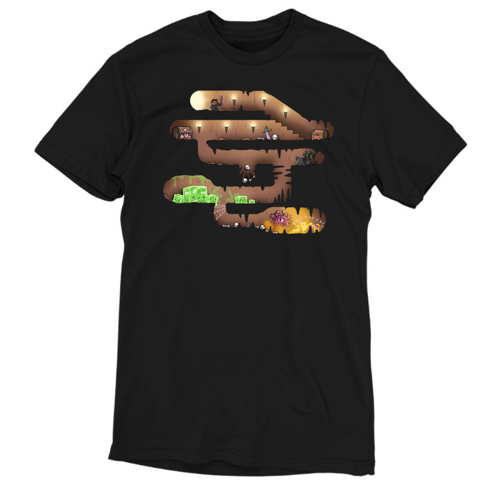Premium Cotton T-shirt_TeeTurtle black Dungeon Pathway Premium Cotton T-shirt featuring a side-scroller inspired dungeon path with a hero, chest, mimic, gelatinous cube and other threats blocking the path to the treasure at the ende