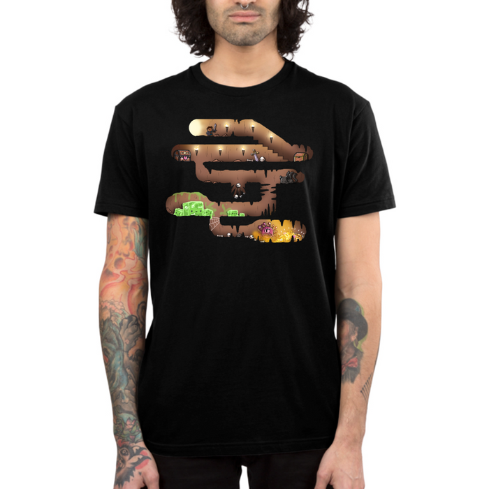 Premium Cotton T-shirt_TeeTurtle black Dungeon Pathway Premium Cotton T-shirt featuring a side-scroller inspired dungeon path with a hero, chest, mimic, gelatinous cube and other threats blocking the path to the treasure at the end