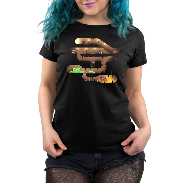 Premium Cotton T-shirt_TeeTurtle black Dungeon Pathway Premium Cotton T-shirt featuring a side-scroller inspired dungeon path with a hero, chest, mimic, gelatinous cube and other threats blocking the path to the treasure at the end