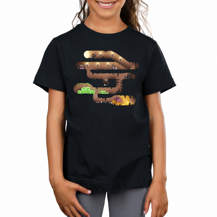 Premium Cotton T-shirt_TeeTurtle black Dungeon Pathway Premium Cotton T-shirt featuring a side-scroller inspired dungeon path with a hero, chest, mimic, gelatinous cube and other threats blocking the path to the treasure at the end