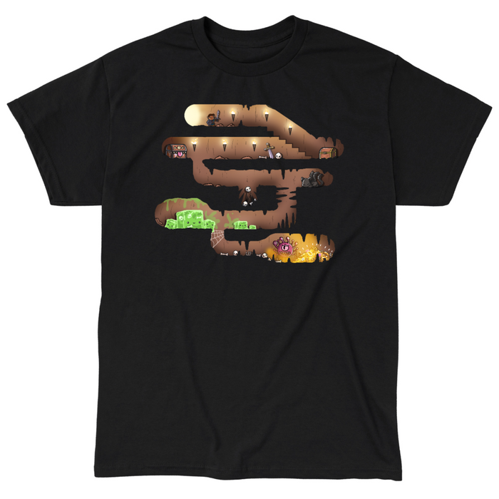 Classic Cotton T-shirt_TeeTurtle black Dungeon Pathway Classic Cotton T-shirt featuring a side-scroller inspired dungeon path with a hero, chest, mimic, gelatinous cube and other threats blocking the path to the treasure at the end