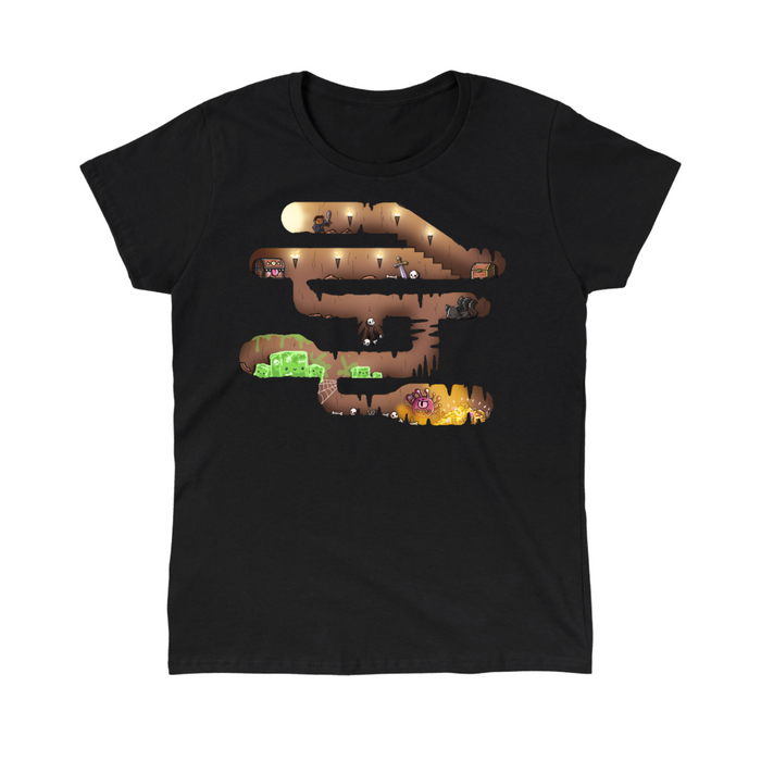 Classic Cotton T-shirt_TeeTurtle black Dungeon Pathway Classic Cotton T-shirt featuring a side-scroller inspired dungeon path with a hero, chest, mimic, gelatinous cube and other threats blocking the path to the treasure at the end