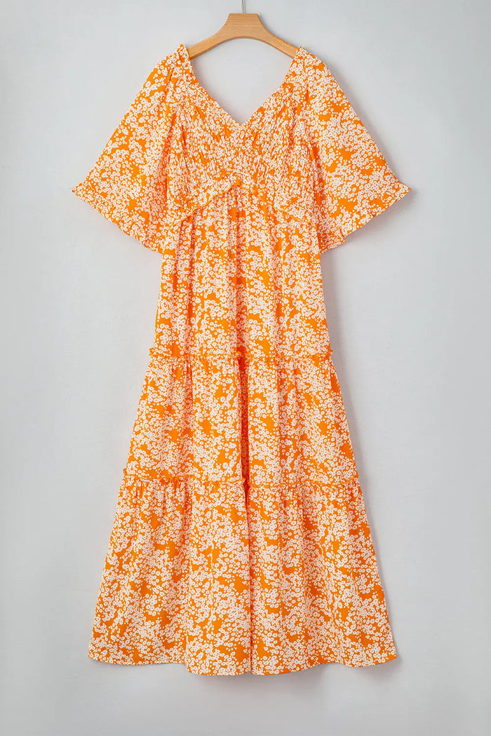 Orange Floral Print Smocked V Neck Wide Sleeve Maxi Dress - Dresses/Floral Dresses