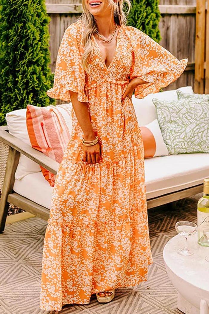 Orange Floral Print Smocked V Neck Wide Sleeve Maxi Dress - S / 97% Polyester + 3% Elastane - Dresses/Floral Dresses