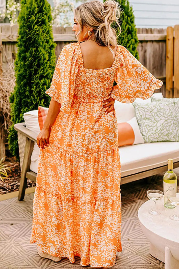 Orange Floral Print Smocked V Neck Wide Sleeve Maxi Dress - Dresses/Floral Dresses