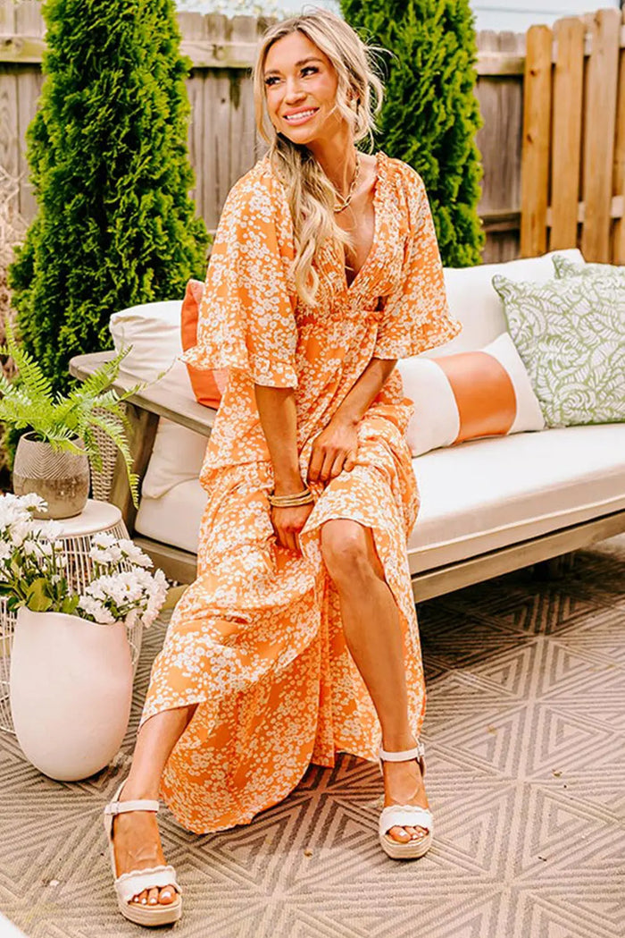 Orange Floral Print Smocked V Neck Wide Sleeve Maxi Dress - Dresses/Floral Dresses