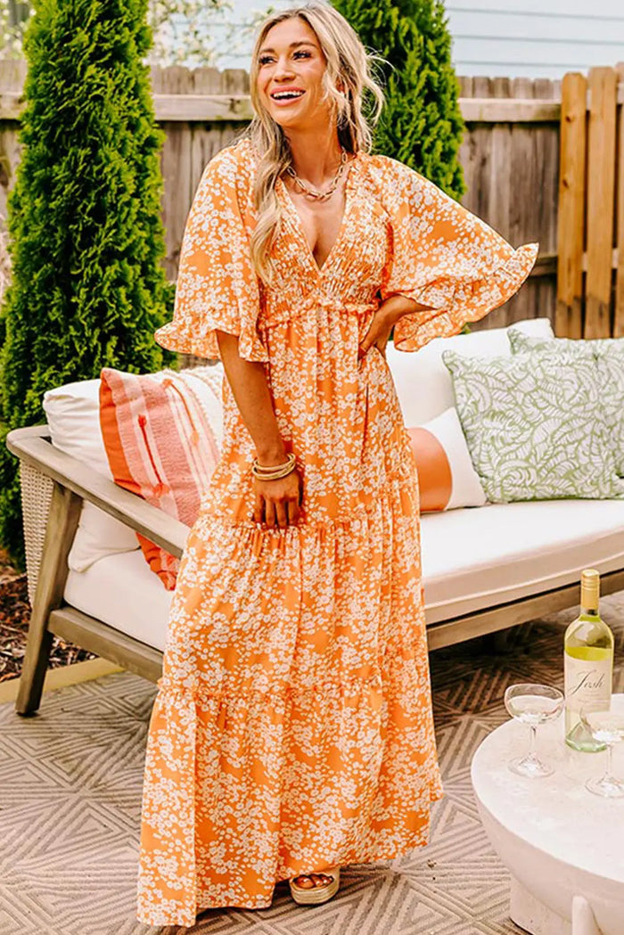 Orange Floral Print Smocked V Neck Wide Sleeve Maxi Dress - Dresses/Floral Dresses