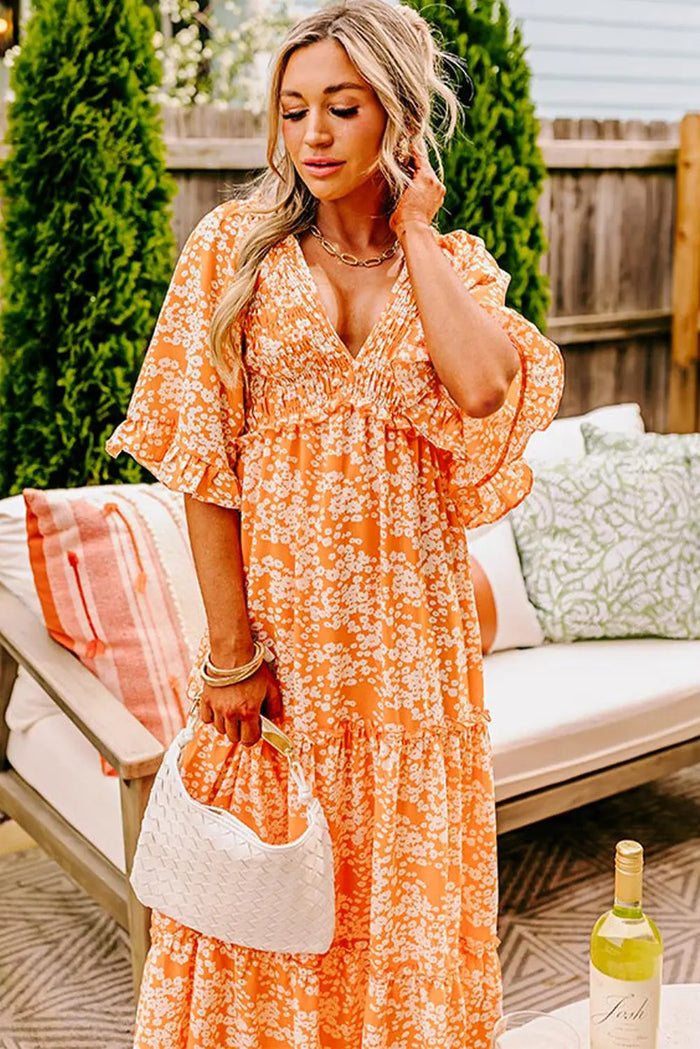 Orange Floral Print Smocked V Neck Wide Sleeve Maxi Dress - Dresses/Floral Dresses