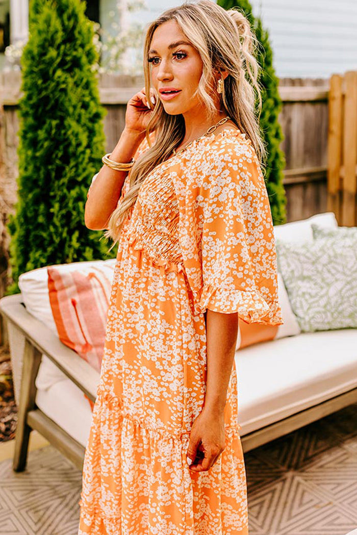 Orange Floral Print Smocked V Neck Wide Sleeve Maxi Dress - Dresses/Floral Dresses