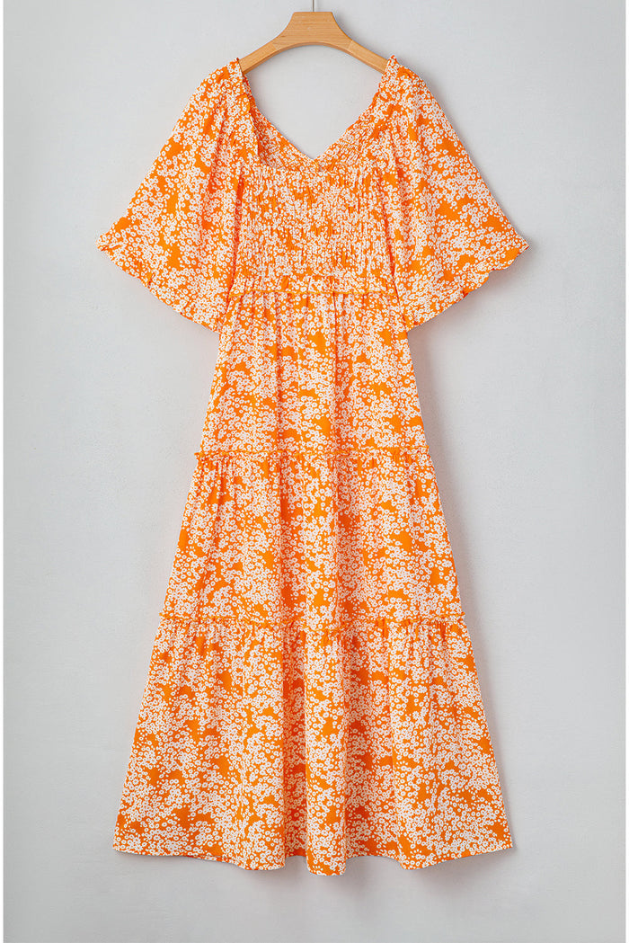 Orange Floral Print Smocked V Neck Wide Sleeve Maxi Dress - Dresses/Floral Dresses