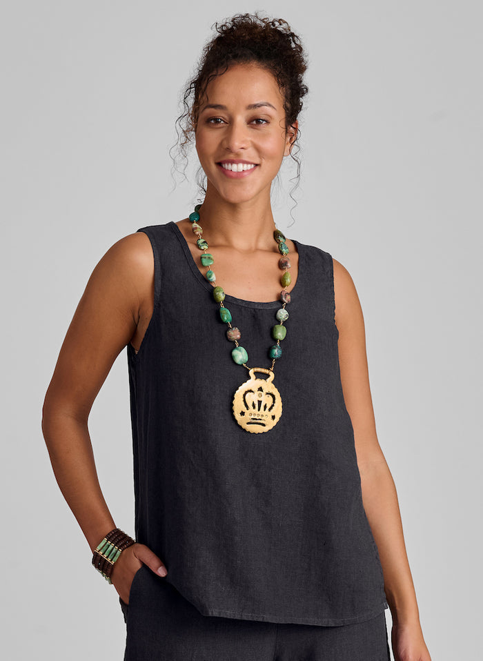 Fundamental Tank, shown in Nine Iron (dark charcoal grey), size Small.  100% Linen.