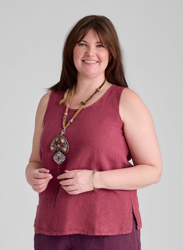 Fundamental Tank, shown in Cranberry, size Medium.  100% European Linen.