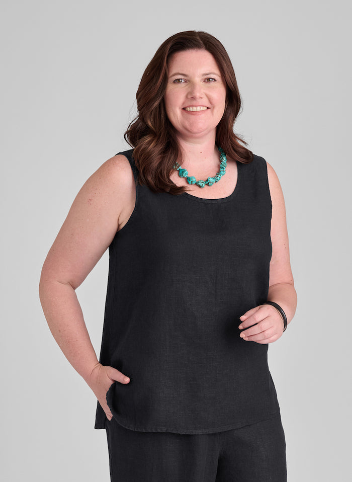 Fundamental Tank, shown in Black, size Medium.  100% Solid Linen.