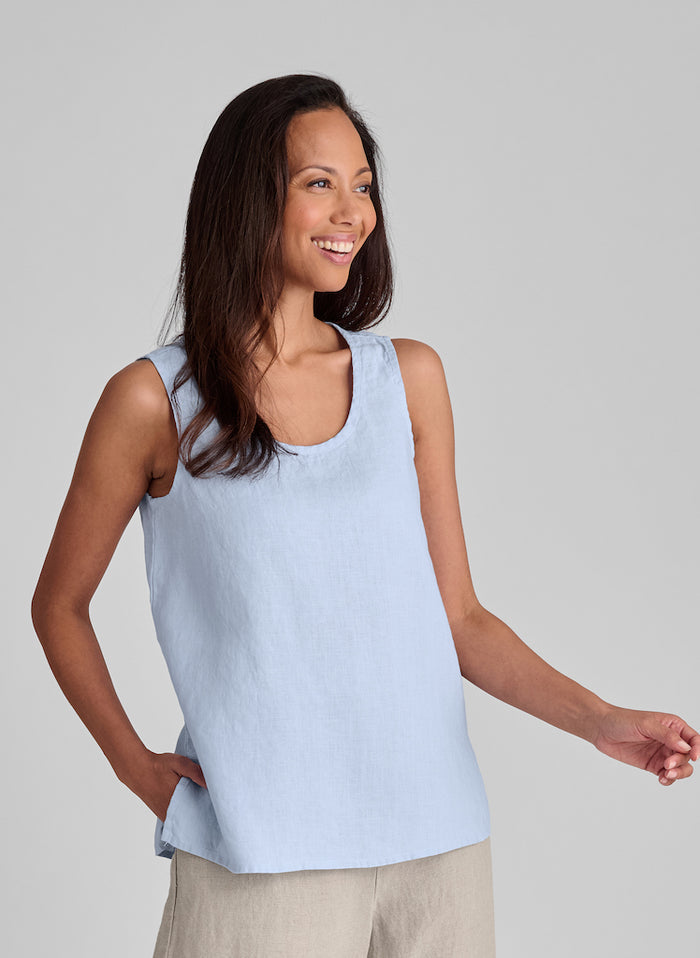 Fundamental Tank, shown in Powder (light blue), size Small. 100% European Linen.