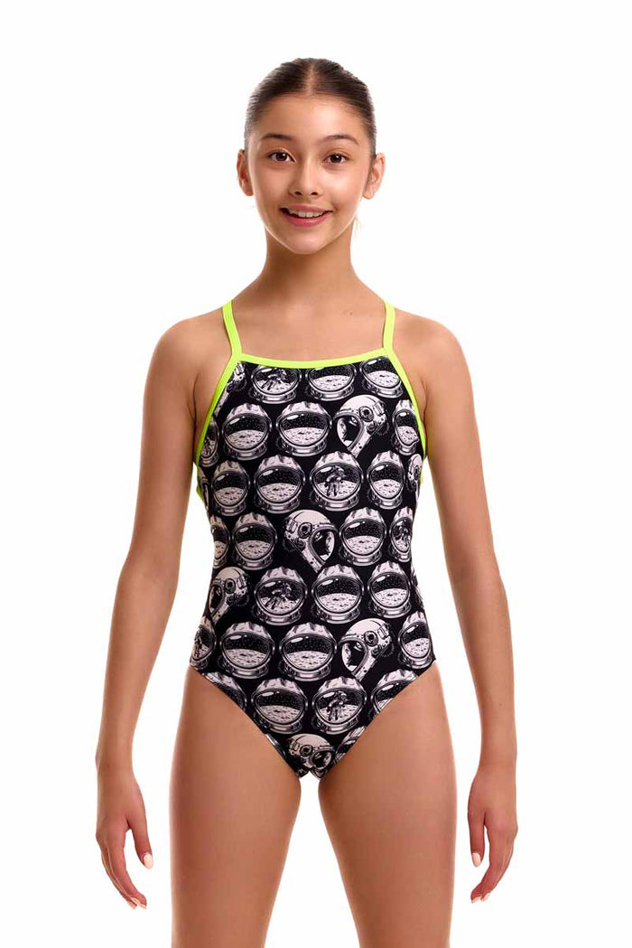 Funkita girls' Arti Mess black and white strappy one-piece swimsuit featuring a colorful abstract pattern and sporty design.