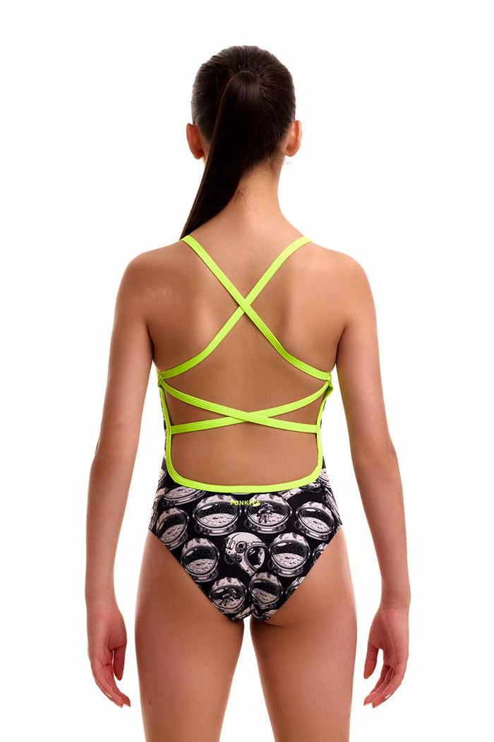 Funkita Girls Arti Mess black and white one-piece swimsuit with strappy design, ideal for swimming and water activities.