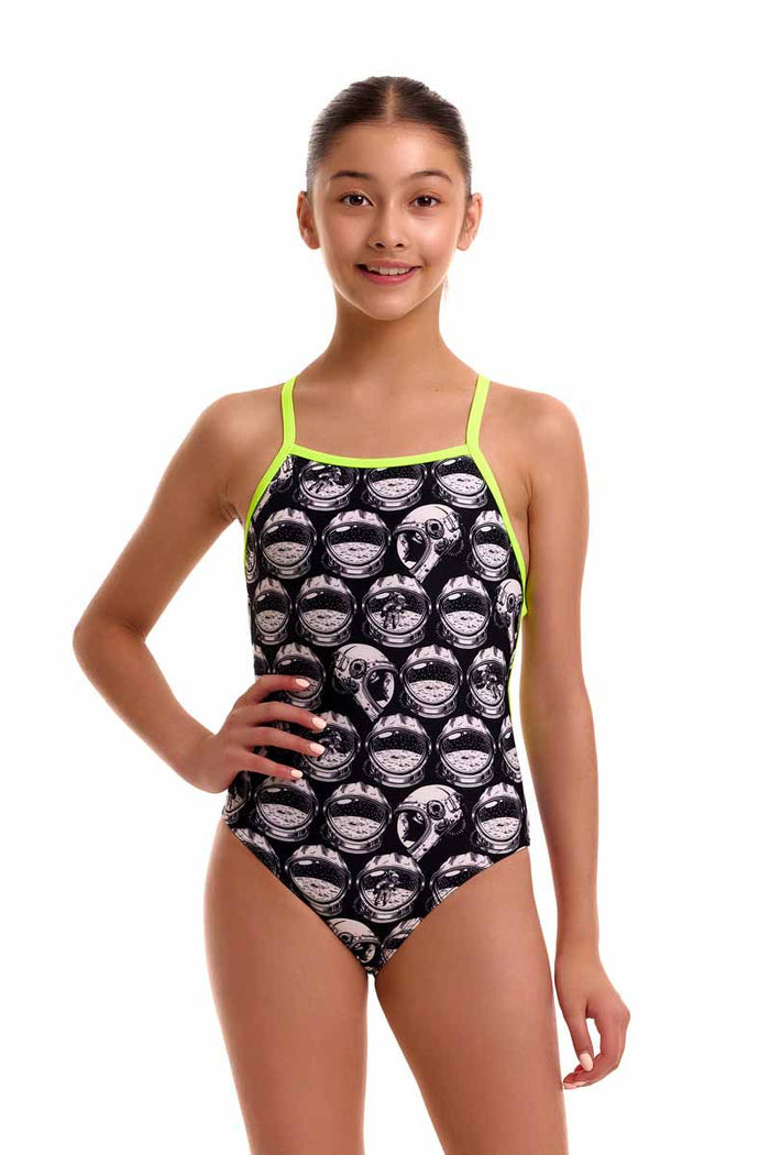 Funkita girls' Arti Mess black and white strapped one-piece swimsuit, front view showing stylish design and comfortable fit.