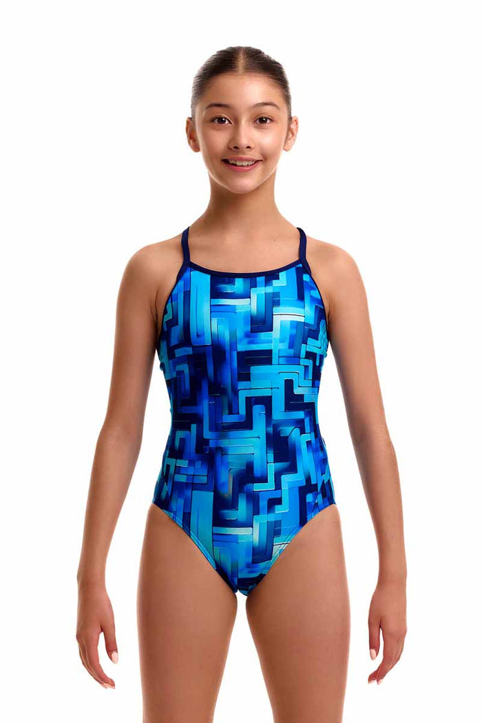 Funkita girls' blue diamond back one-piece swimsuit with vibrant blue color and sporty design for swimming.