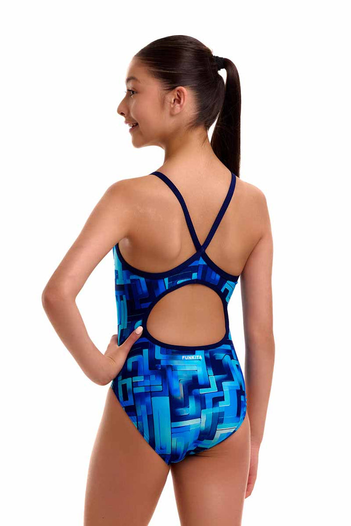 Funkita girls' blue You Blued diamond back one-piece swimsuit with vibrant blue fabric and stylish design, perfect for swimming.