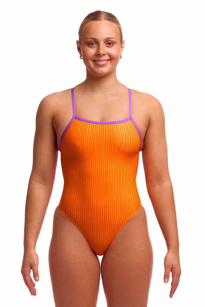 Funkita Ladies Apricot Delight orange single strength one-piece swimsuit with sleek design and bright color, suitable for swimming.