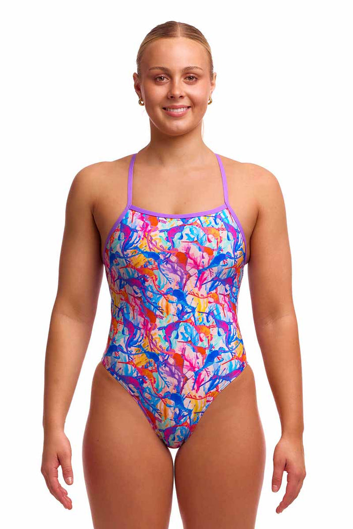Funkita Ladies Dreamy Weedy Tie Me Tight one-piece swimsuit in vibrant multi-color pattern, designed for comfortable swimming.