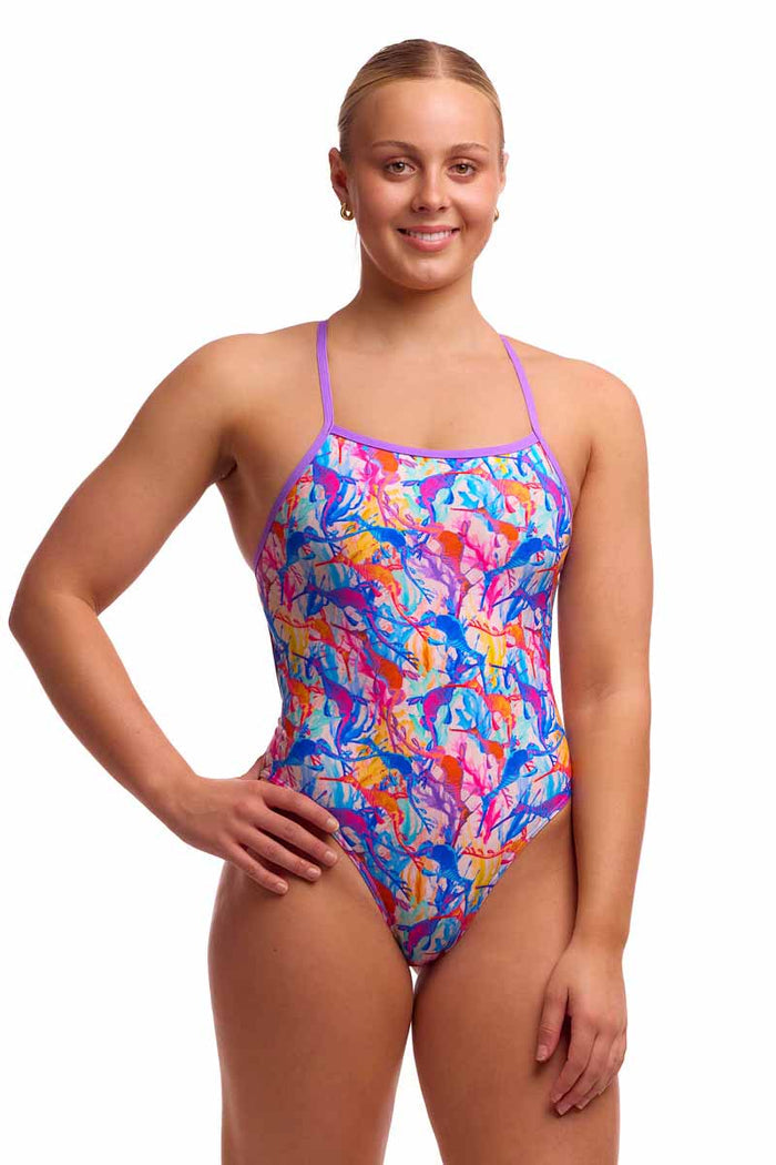 Funkita Ladies Dreamy Weedy Tie Me Tight one-piece swimsuit in vibrant multi-color with floral pattern and sleek fit.