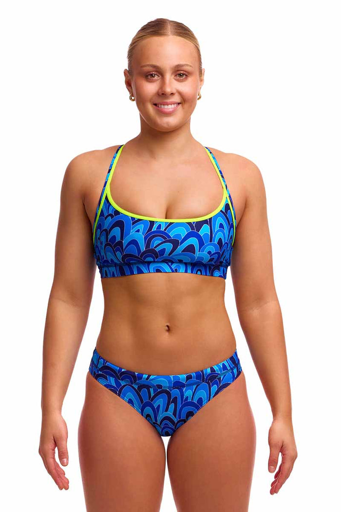 Funkita Ladies Hill Billy Blues blue sports top, a stylish bikini or tankini top with a vibrant blue design for active swimwear.