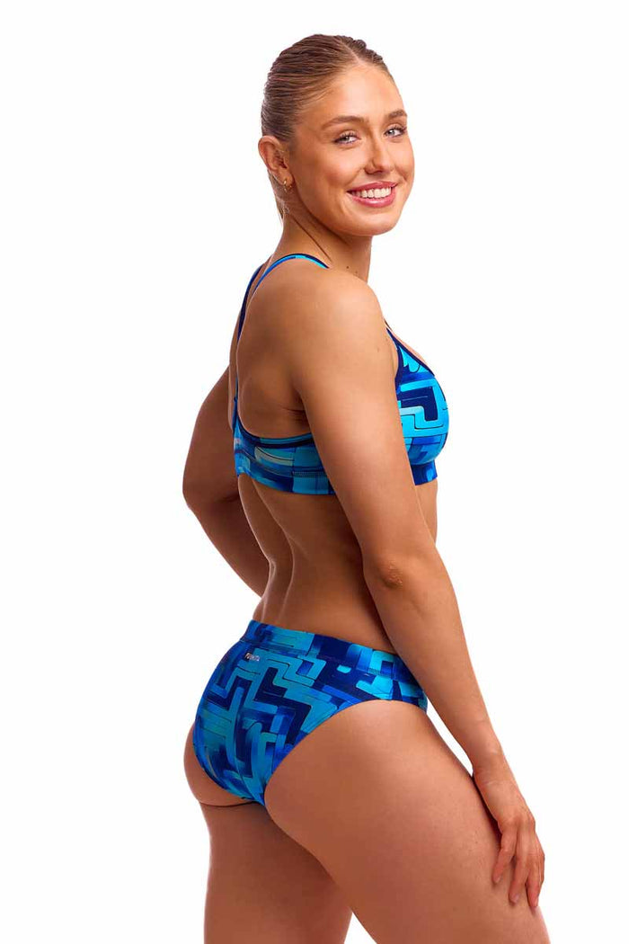 Funkita Ladies You Blued blue sports tankini top with racerback design, stretchy fabric, and bold color for swimming or active wear.