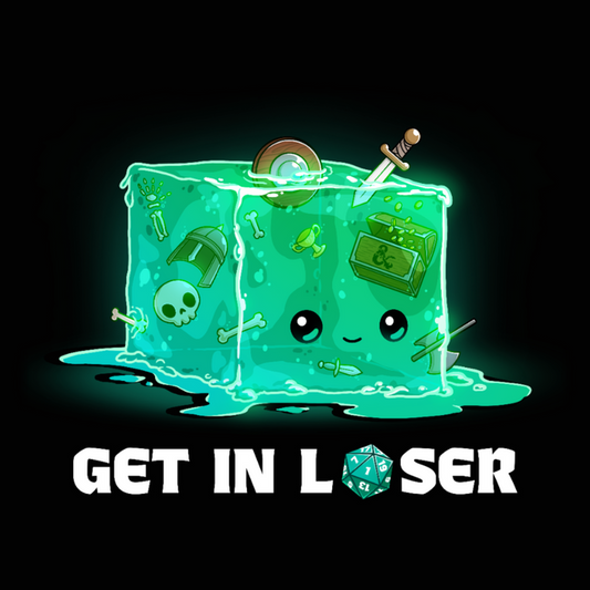 Premium Cotton T-shirt_TeeTurtle black Get In Loser Premium Cotton T-shirt featuring a gelatinous cube with bones, weapons, armor and treasure inside. It has a face and is smiling. Below text reads "Get In Loser" with the o in loser replaced by a D20 that landed on 1.