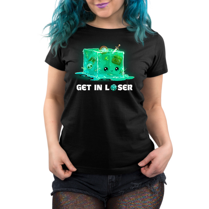 Premium Cotton T-shirt_TeeTurtle black Get In Loser Premium Cotton T-shirt featuring a gelatinous cube with bones, weapons, armor and treasure inside. It has a face and is smiling. Below text reads "Get In Loser" with the o in loser replaced by a D20 that landed on 1.