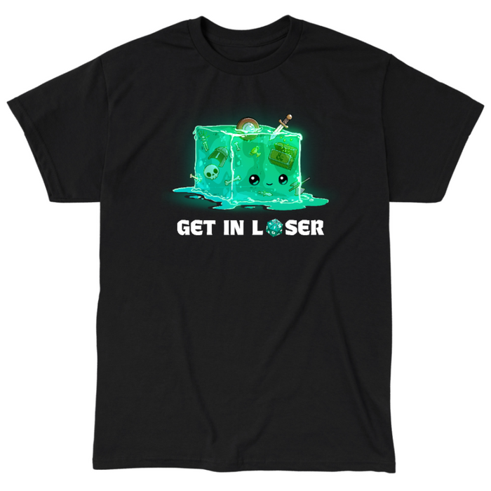 Classic Cotton T-shirt_TeeTurtle black Get In Loser Classic Cotton T-shirt featuring a gelatinous cube with bones, weapons, armor and treasure inside. It has a face and is smiling. Below text reads "Get In Loser" with the o in loser replaced by a D20 that landed on 1.