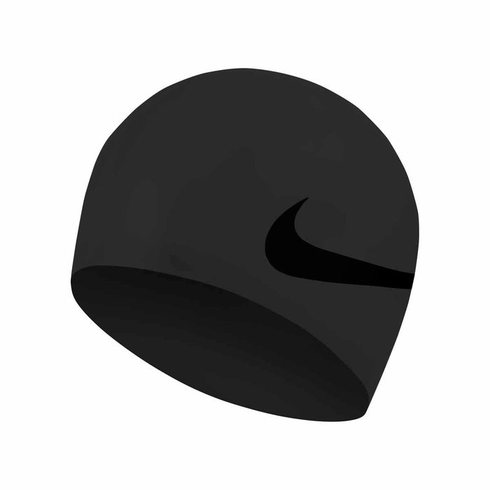 Black Nike Graphic Silicone Swimming Cap for women and men, featuring a sleek design and durable material for comfortable swim sessions.