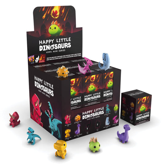 Showcase a "Happy Little Dinosaurs: Vinyl Figure Blind Box" by Unstable Games, surrounded by an array of vibrant collectible figures.