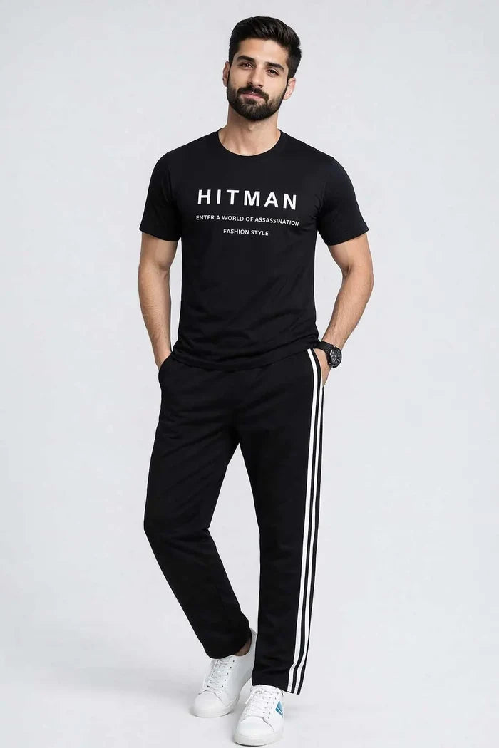 Hinz Men’s Jersey Cotton Tracksuit – Graphic T-Shirt & Side-Stripe Trouser - Hinz Clothing