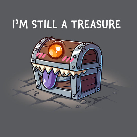 Premium Cotton T-shirt_TeeTurtle charcoal gray I'm Still a Treasure apparel featuring a mimic happily smiling with its tongue out.