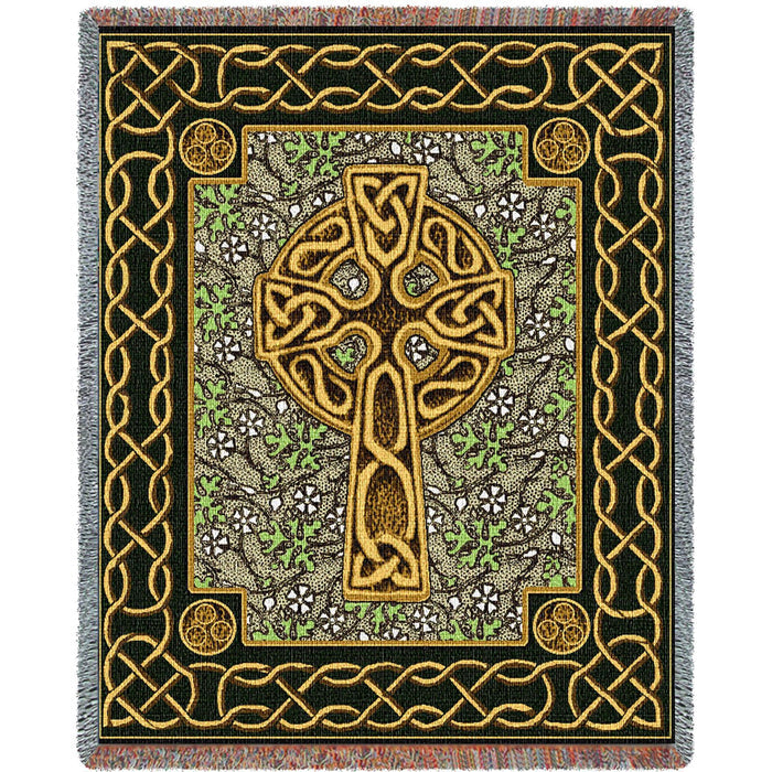 Irish Celtic Cross Throw Blanket With Fringe