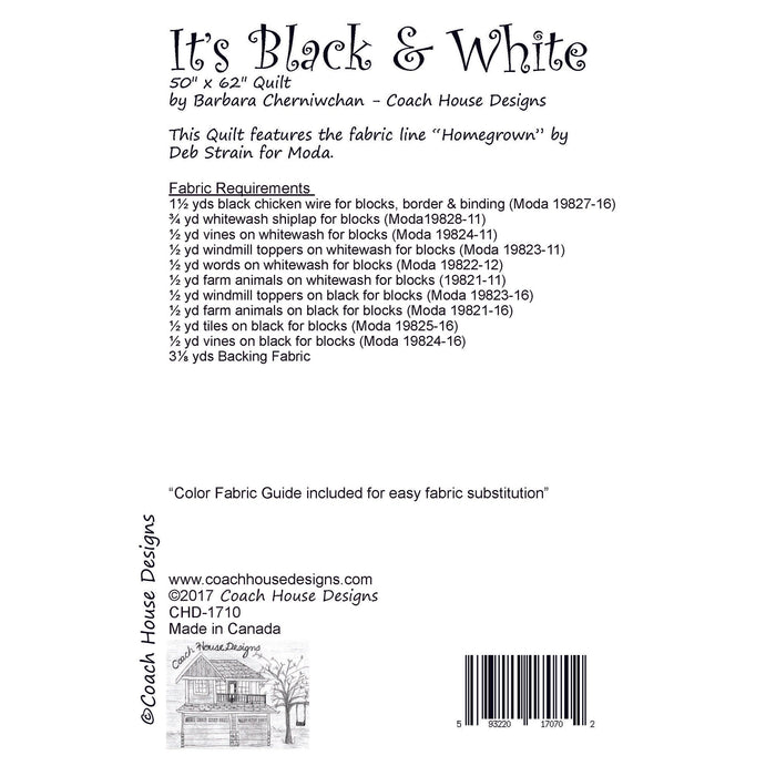 Textual information about the lap quilt sewing pattern titled 'It's Black & White' by Coach House Designs. The text includes the specifications for the fabric used to make the quilt from the fabric line titled 'Homegrown' by Deb Strain for Moda.