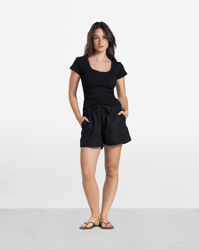 LACE RIBBED SHORT SLEEVE TOP BLACK 6