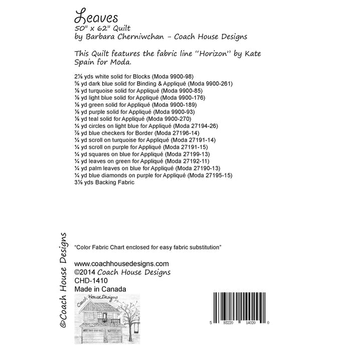 Textual information about the lap quilt sewing pattern titled 'Leaves' by Coach House Designs. The text includes the specifications for the fabric used to make the quilt from the fabric line titled 'Horizon' by Kate Spain for Moda.