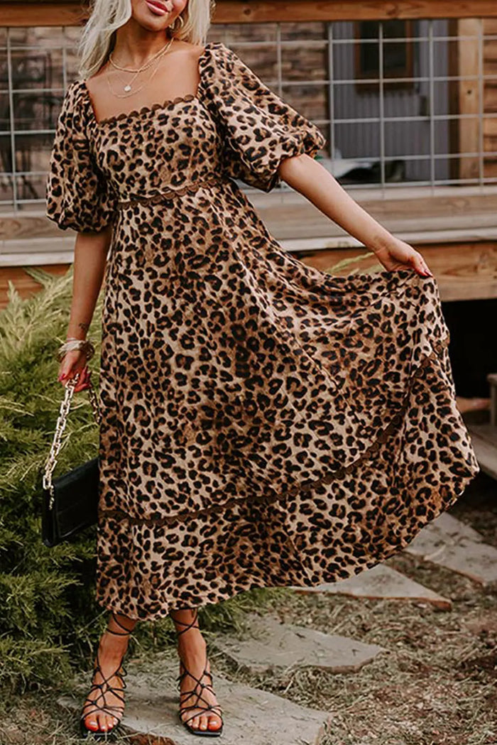 Brown Leopard Print Bubble Sleeve Square Neck Maxi Dress - BROWN / S / 100% POLYESTER - Dresses/Maxi Dresses