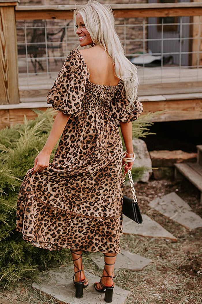 Brown Leopard Print Bubble Sleeve Square Neck Maxi Dress - Dresses/Maxi Dresses