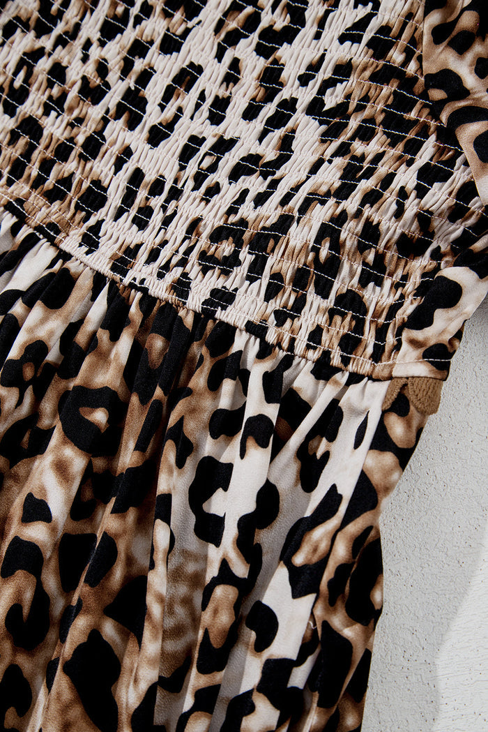 Brown Leopard Print Bubble Sleeve Square Neck Maxi Dress - Dresses/Maxi Dresses