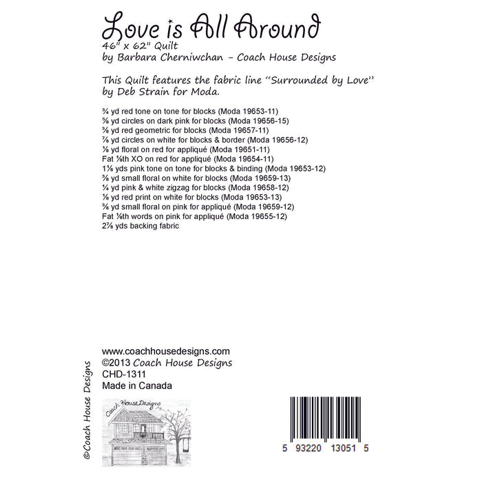 This page contains information about a lap quilt sewing pattern titled 'Love is All Around' by Coach House Designs. It includes specifications and yardage requirements from the fabric collection "Surrounded by Love" by Deb Strain for Moda.