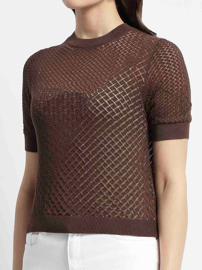 Madame Crew Neck Brown Knit Top